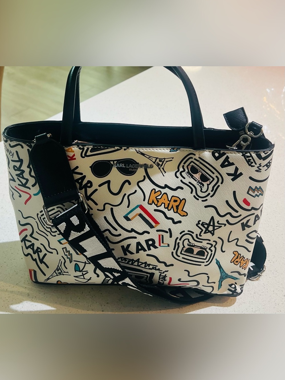 Karl Lagerfeld Paris White Graffiti Crossbody Shoulder Bag - Picture 12 of 15